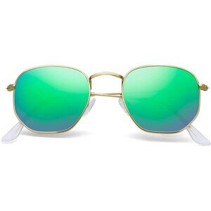 Unisex Gold/Green Trendy Square Hexagonal Mirrored Sun Glasses UV Protection